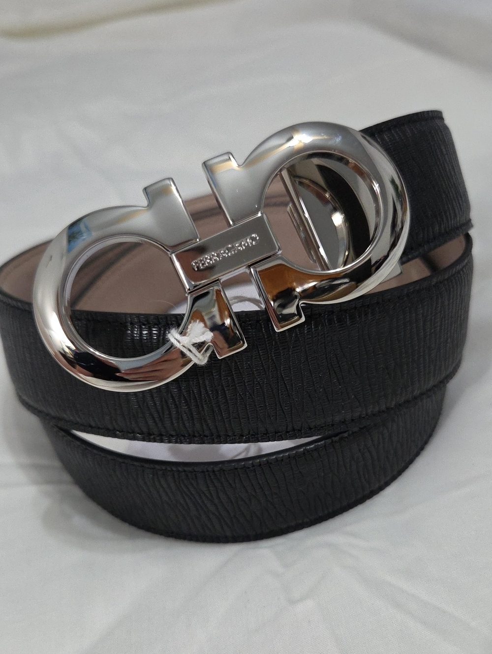 Salvatore Ferragamo Black Leather Belt with Silver Double-Gancini Buckle